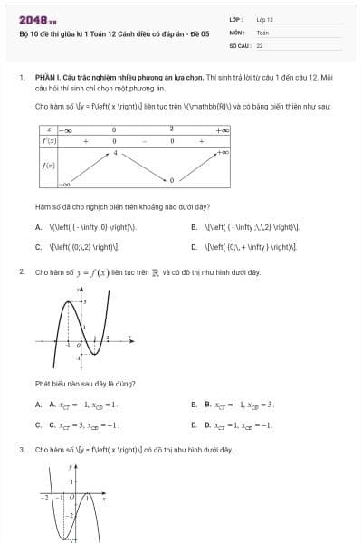 Bộ 10 đề thi giữa kì 1 Toán 12 Cánh diều có đáp án - Đề 05
