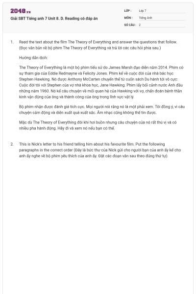 Giải SBT Tiếng anh 7 Unit 8. D. Reading có đáp án