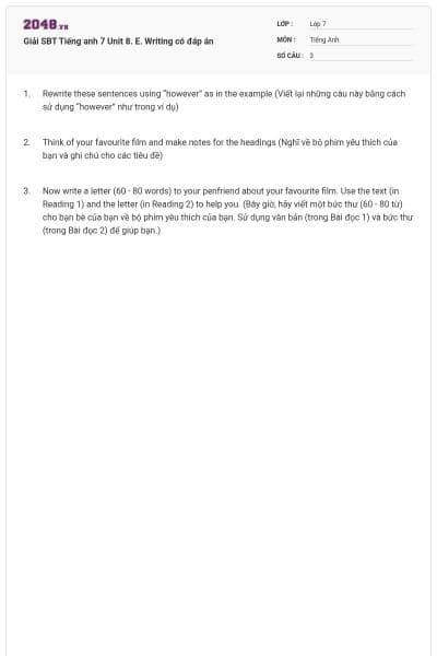 Giải SBT Tiếng anh 7 Unit 8. E. Writing có đáp án