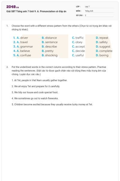 Giải SBT Tiếng anh 7 Unit 9. A. Pronunciation có đáp án