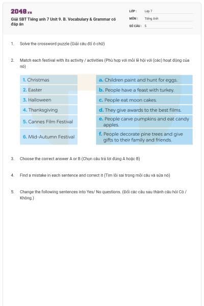 Giải SBT Tiếng anh 7 Unit 9. B. Vocabulary & Grammar có đáp án