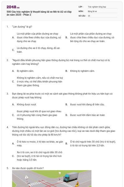 500 Câu trắc nghiệm lý thuyết bằng lái xe Mô tô A2 có đáp án năm 2025 - Phần 2