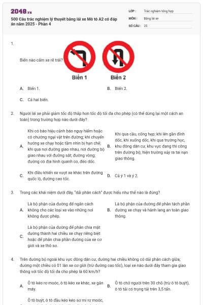500 Câu trắc nghiệm lý thuyết bằng lái xe Mô tô A2 có đáp án năm 2025 - Phần 4