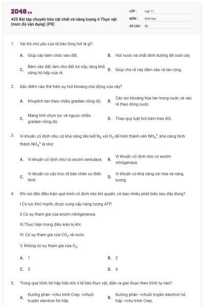 425 Bài tập chuyển hóa vật chất và năng lượng ở Thực vật (mức độ vận dụng) (P8)