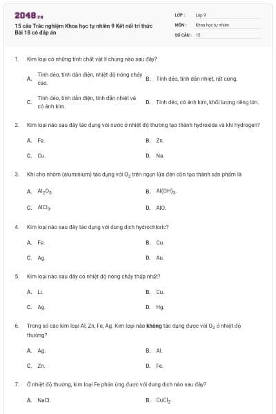15 câu Trắc nghiệm Khoa học tự nhiên 9 Kết nối tri thức Bài 18 có đáp án