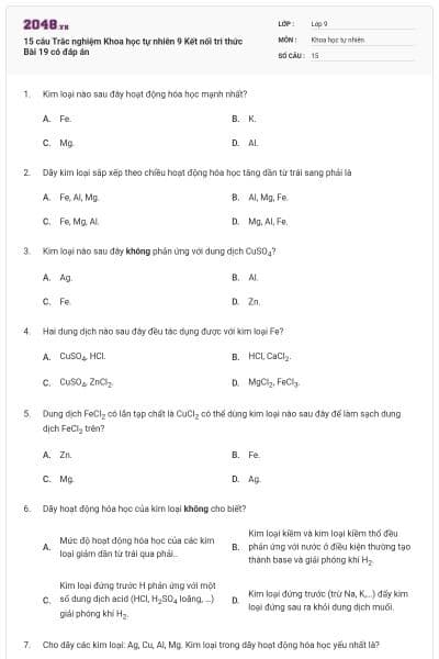 15 câu Trắc nghiệm Khoa học tự nhiên 9 Kết nối tri thức Bài 19 có đáp án