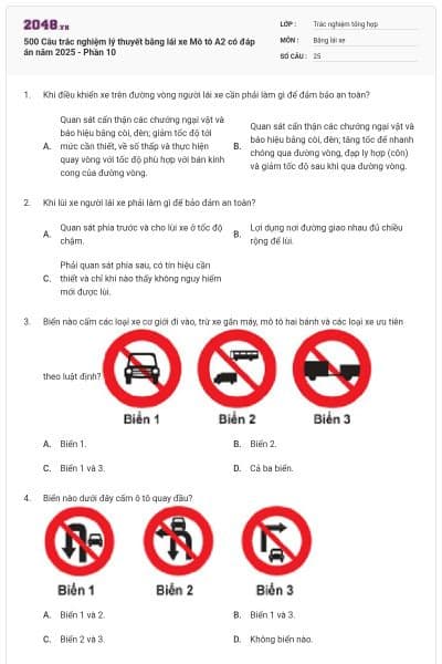 500 Câu trắc nghiệm lý thuyết bằng lái xe Mô tô A2 có đáp án năm 2025 - Phần 10