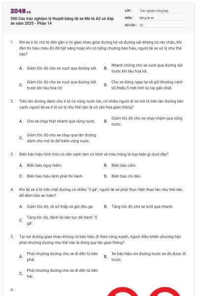 500 Câu trắc nghiệm lý thuyết bằng lái xe Mô tô A2 có đáp án năm 2025 - Phần 14