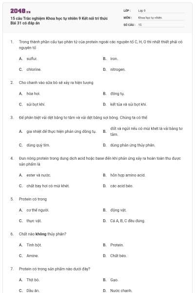 15 câu Trắc nghiệm Khoa học tự nhiên 9 Kết nối tri thức Bài 31 có đáp án