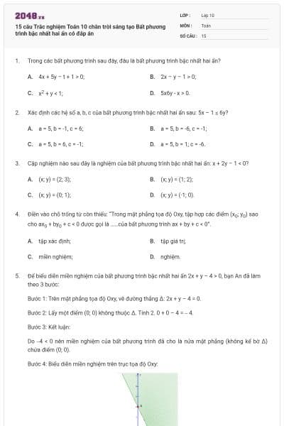 15 câu Trắc nghiệm Toán 10 chân trời sáng tạo Bất phương trình bậc nhất hai ẩn có đáp án