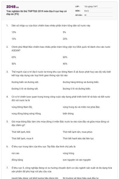 Trắc nghiệm thi thử THPTQG 2019 môn Địa lí cực hay có đáp án (P3)
