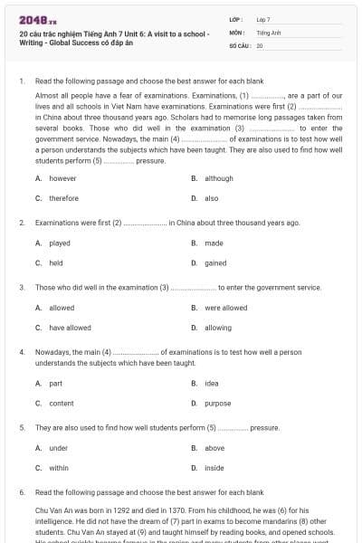 20 câu trắc nghiệm Tiếng Anh 7 Unit 6: A visit to a school - Writing - Global Success có đáp án