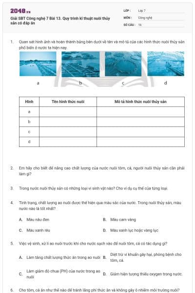 Giải SBT Công nghệ 7 Bài 13. Quy trình kĩ thuật nuôi thủy sản có đáp án