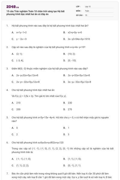 15 câu Trắc nghiệm Toán 10 chân trời sáng tạo Hệ bất phương trình bậc nhất hai ẩn có đáp án