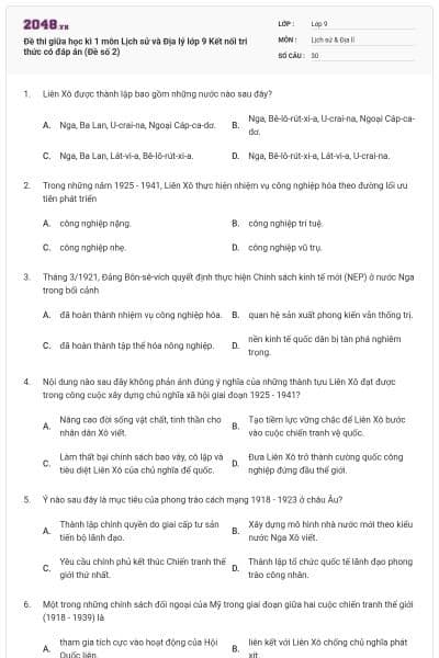 Đề thi giữa học kì 1 môn Lịch sử và Địa lý lớp 9 Kết nối tri thức có đáp án (Đề số 2)