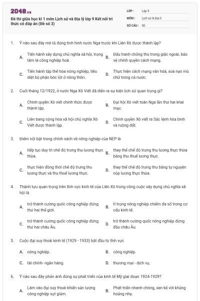 Đề thi giữa học kì 1 môn Lịch sử và Địa lý lớp 9 Kết nối tri thức có đáp án (Đề số 3)