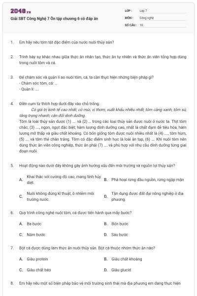 Giải SBT Công Nghệ 7 Ôn tập chương 6 có đáp án