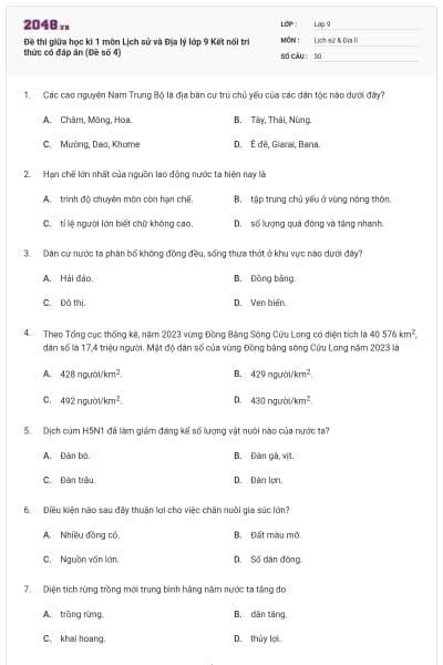 Đề thi giữa học kì 1 môn Lịch sử và Địa lý lớp 9 Kết nối tri thức có đáp án (Đề số 4)