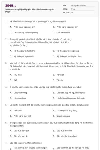 500 câu trắc nghiệm Nguyên lí hệ điều hành có đáp án - Phần 1