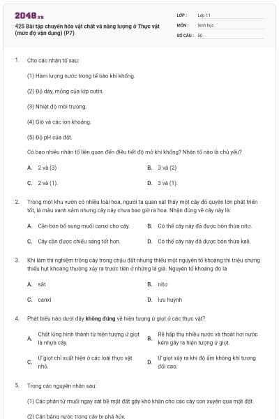 425 Bài tập chuyển hóa vật chất và năng lượng ở Thực vật (mức độ vận dụng) (P7)