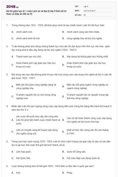 Đề thi giữa học kì 1 môn Lịch sử và Địa lý lớp 9 Kết nối tri thức có đáp án (Đề số 5)