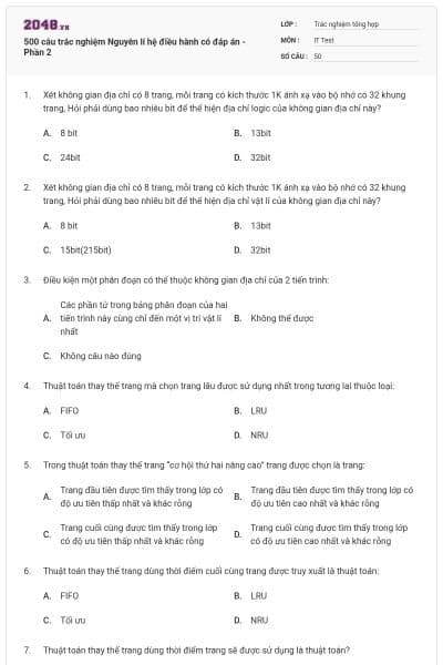 500 câu trắc nghiệm Nguyên lí hệ điều hành có đáp án - Phần 2