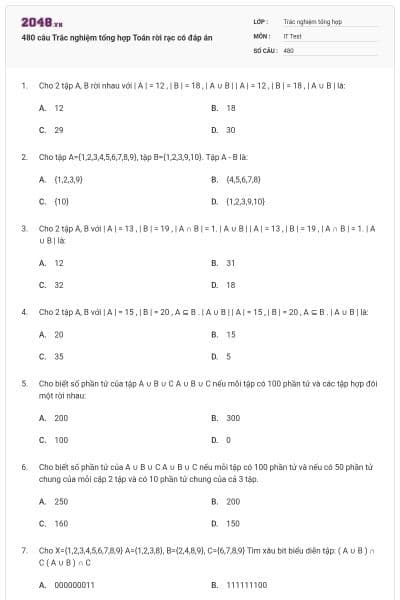 480 câu Trắc nghiệm tổng hợp Toán rời rạc có đáp án
