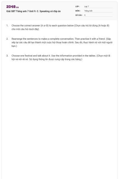 Giải SBT Tiếng anh 7 Unit 9. C. Speaking có đáp án