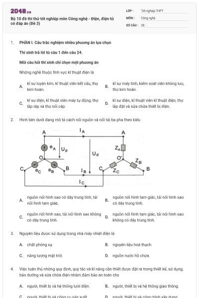 Bộ 10 đề thi thử tốt nghiệp môn Công nghệ - Điện, điện tử có đáp án (Đề 3)