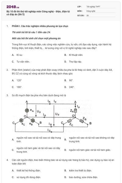 Bộ 10 đề thi thử tốt nghiệp môn Công nghệ - Điện, điện tử có đáp án (Đề 5)