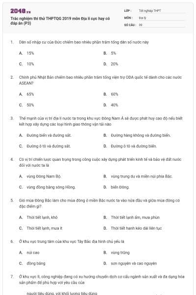 Trắc nghiệm thi thử THPTQG 2019 môn Địa lí cực hay có đáp án (P3)