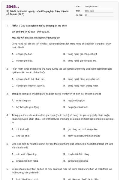 Bộ 10 đề thi thử tốt nghiệp môn Công nghệ - Điện, điện tử có đáp án (Đề 9)