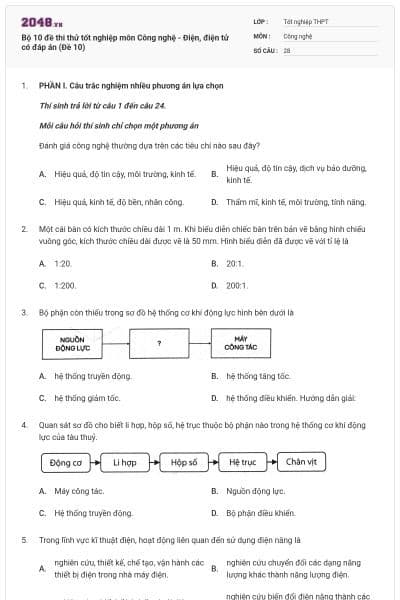 Bộ 10 đề thi thử tốt nghiệp môn Công nghệ - Điện, điện tử có đáp án (Đề 10)