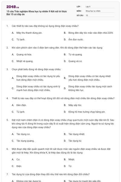 15 câu Trắc nghiệm Khoa học tự nhiên 9 Kết nối tri thức Bài 15 có đáp án