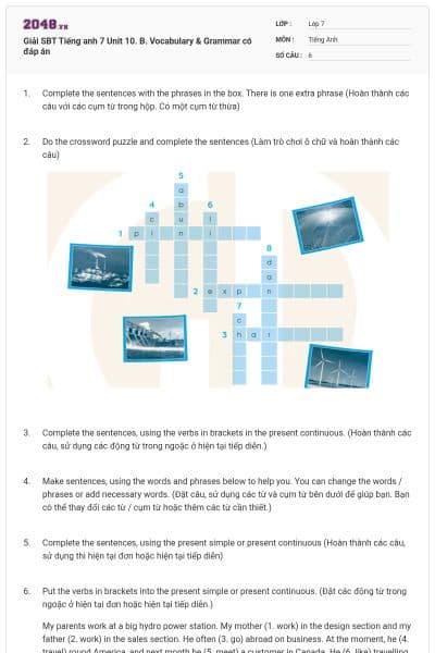 Giải SBT Tiếng anh 7 Unit 10. B. Vocabulary & Grammar có đáp án