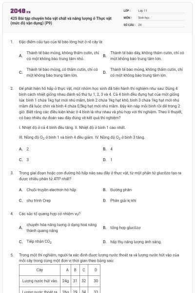425 Bài tập chuyển hóa vật chất và năng lượng ở Thực vật (mức độ vận dụng) (P9)