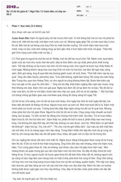 Bộ 10 đề thi giữa kì 1 Ngữ Văn 12 Cánh diều có đáp án - Đề 2