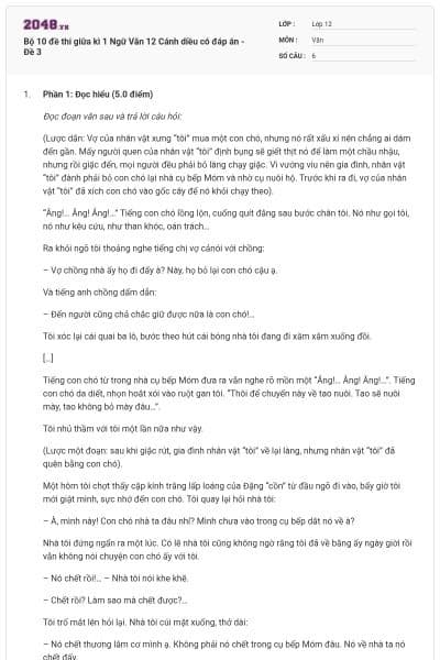 Bộ 10 đề thi giữa kì 1 Ngữ Văn 12 Cánh diều có đáp án - Đề 3