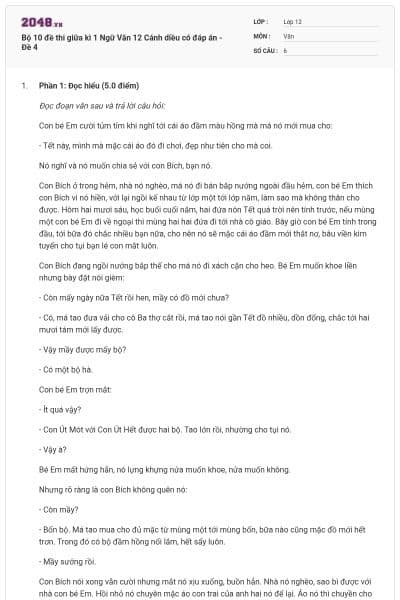 Bộ 10 đề thi giữa kì 1 Ngữ Văn 12 Cánh diều có đáp án - Đề 4