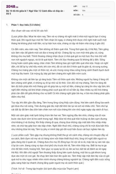 Bộ 10 đề thi giữa kì 1 Ngữ Văn 12 Cánh diều có đáp án - Đề 5