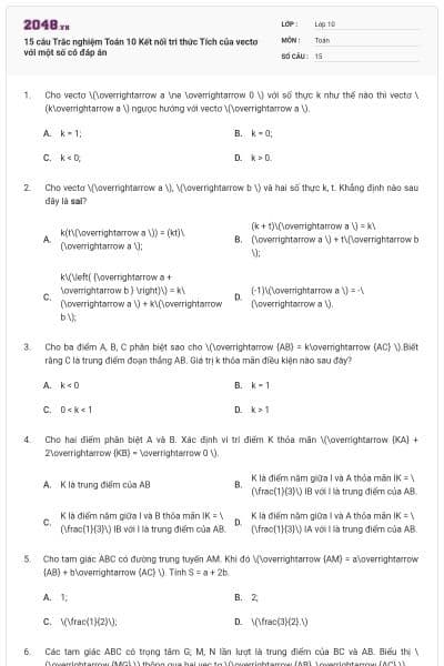 15 câu Trắc nghiệm Toán 10 Kết nối tri thức Tích của vectơ với một số có đáp án