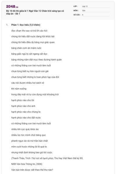 Bộ 10 đề thi giữa kì 1 Ngữ Văn 12 Chân trời sáng tạo có đáp án - Đề 1