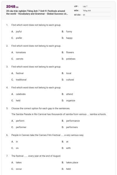 20 câu trắc nghiệm Tiếng Anh 7 Unit 9: Festivals around the world - Vocabulary and Grammar - Global Success có đáp án
