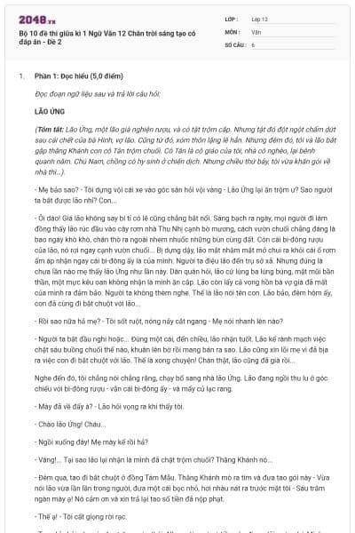 Bộ 10 đề thi giữa kì 1 Ngữ Văn 12 Chân trời sáng tạo có đáp án - Đề 2