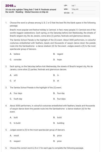 20 câu trắc nghiệm Tiếng Anh 7 Unit 9: Festivals around the world - Reading - Global Success có đáp án