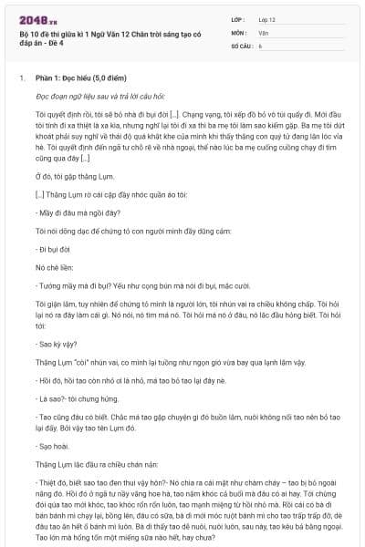 Bộ 10 đề thi giữa kì 1 Ngữ Văn 12 Chân trời sáng tạo có đáp án - Đề 4