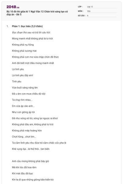 Bộ 10 đề thi giữa kì 1 Ngữ Văn 12 Chân trời sáng tạo có đáp án - Đề 5
