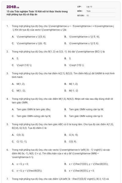 15 câu Trắc nghiệm Toán 10 Kết nối tri thức Vecto trong mặt phẳng tọa độ có đáp án