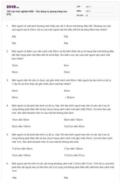100 câu trắc nghiệm Mắt - Các dụng cụ quang nâng cao (P2)