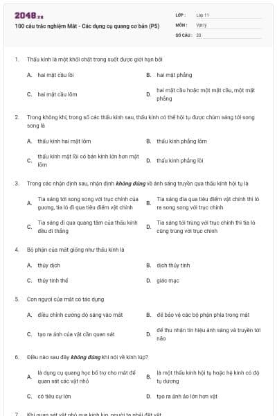 100 câu trắc nghiệm Mắt - Các dụng cụ quang cơ bản (P5)